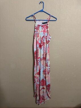 Tropical Print Maxi Dress in Coral & Light Blue